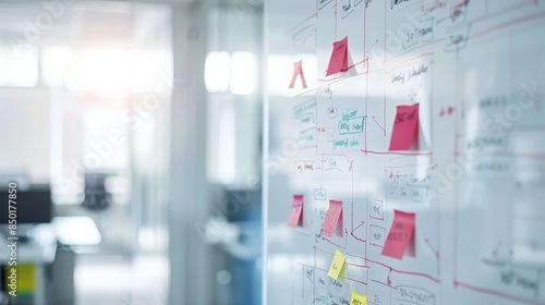 A scrum board with sticky notes in an office environment. photo