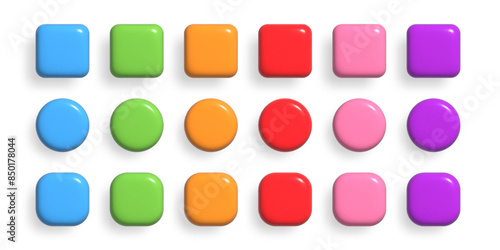 Colorful 3d buttons collection. UI UX design elements set. Realistic glossy squared and rounded badges.