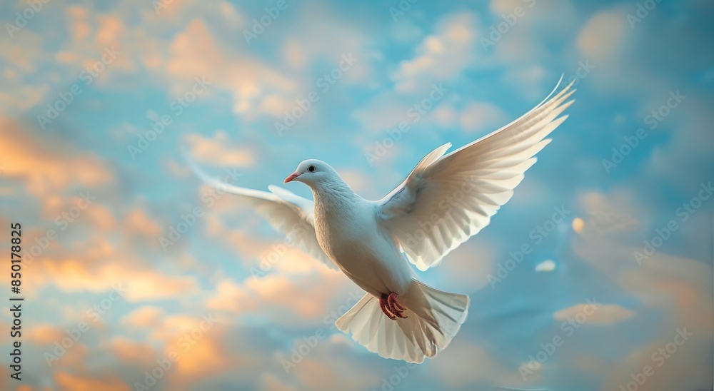 Fototapeta premium White Dove Soaring Through a Blue Sky With Fluffy Clouds