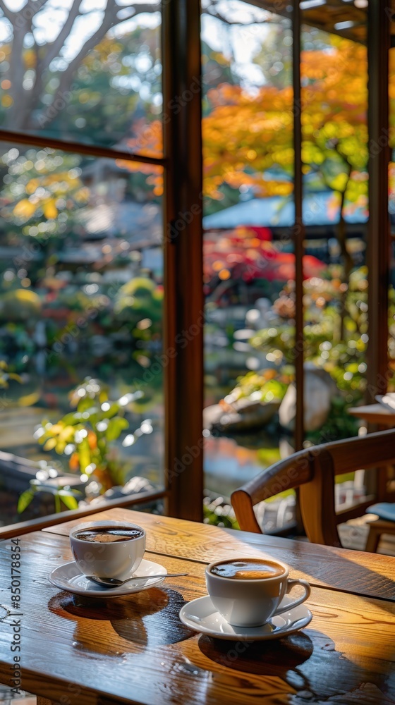 Fototapeta premium Cozy cafe scene with two coffee cups on a wooden table, overlooking a beautiful garden with autumn foliage through large windows.