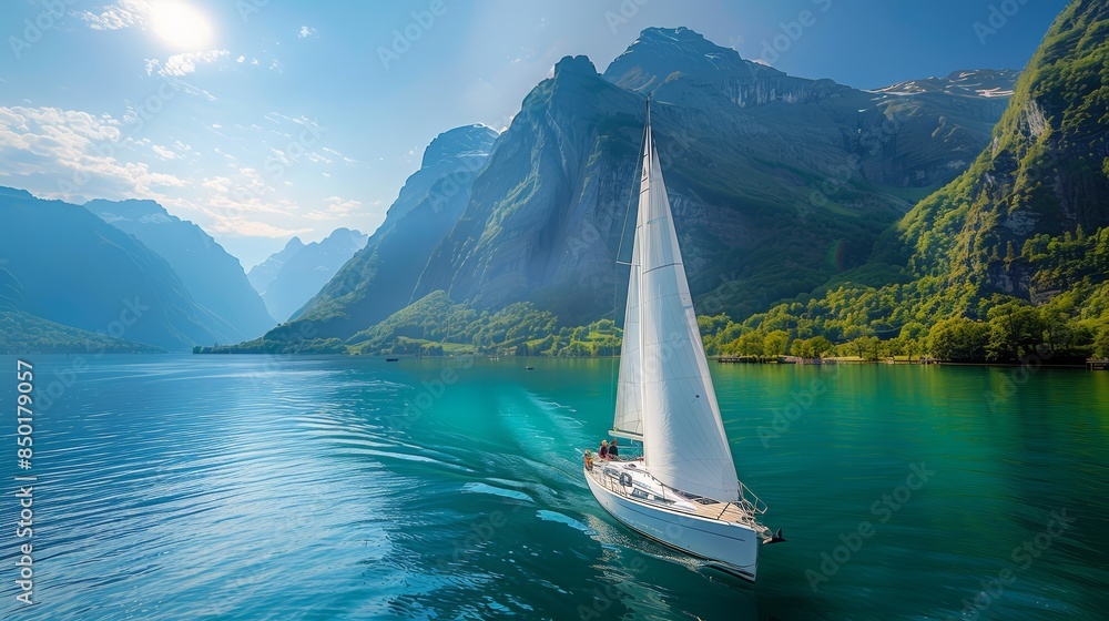 Naklejka premium A sailboat glides across the crystal-clear waters of a tranquil fjord, surrounded by majestic mountains and lush greenery.