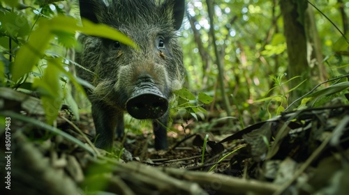 A wild boar is walking through the forest. The boar is looking for food.