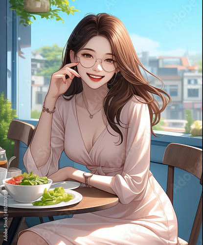  relaxating beautiful  woman  in casual cute pastel pink long dress enjoying light meal photo