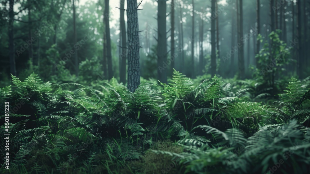 Fototapeta premium A dense forest with lush green vegetation and plenty of foliage