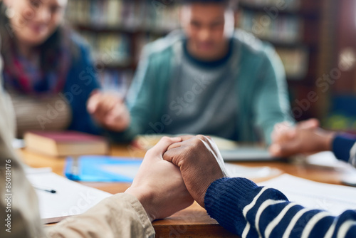 Canvas Print Students, friends or holding hands in prayer in library for blessings, grace or guidance in college