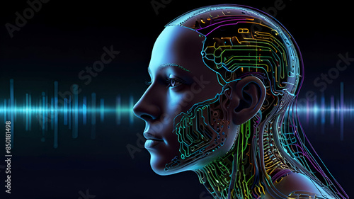 A futuristic artificial intelligence computer head with glowing lines and data