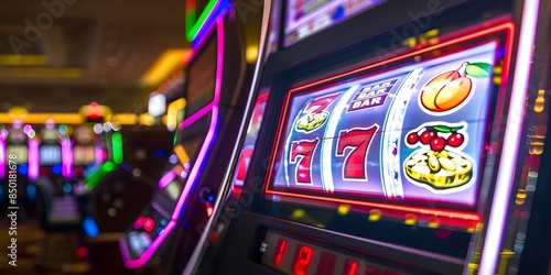 Neon-Lit Las Vegas Casino Slot Machine with Spinning Reels. Concept Casino Theme, Neon Lights, Las Vegas, Slot Machine, Spinning Reels