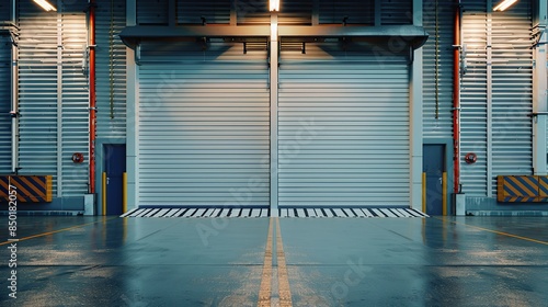 Roller door using for factory or warehouse, Industrial building background. copy space for text.