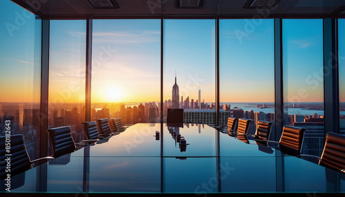 Corporate boardroom with a transparent glass wall offering a stunning panoramic view of the dynamic 