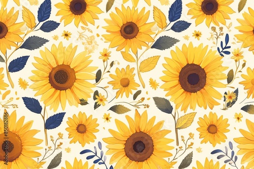 Vibrant Blooms: Seamless Pattern with Graphic Sunflowers and Swirling Vines