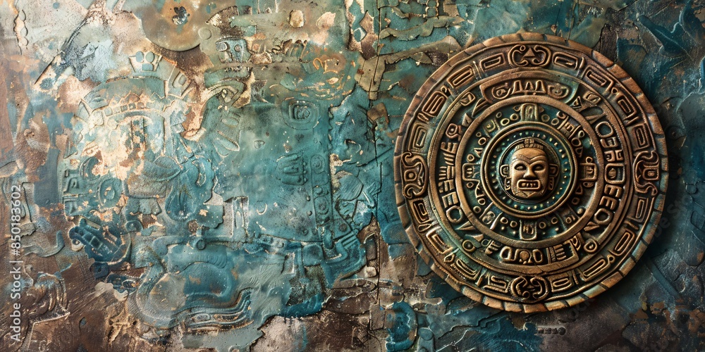 Naklejka premium Traditional Native American design with ancient Mesoamerican calendar on aged wall. Blank area texture.