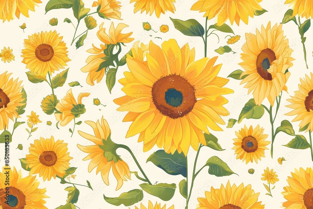 Vibrant Blooms: Seamless Pattern with Graphic Sunflowers and Swirling Vines Vibrant Blooms: Seamless Pattern with Graphic Sunflowers and Swirling Vines