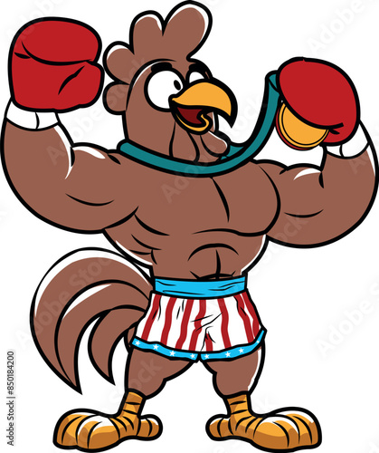 BOXER coq les poing en l'air célèbre sa victoire avec une médaille d'or 