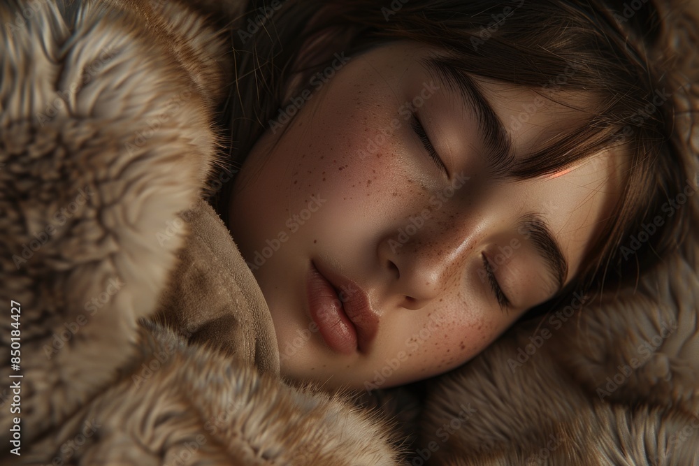 A young girl sleeps peacefully wrapped in a fur coat A young girl sleeps peacefully wrapped in a fur coat