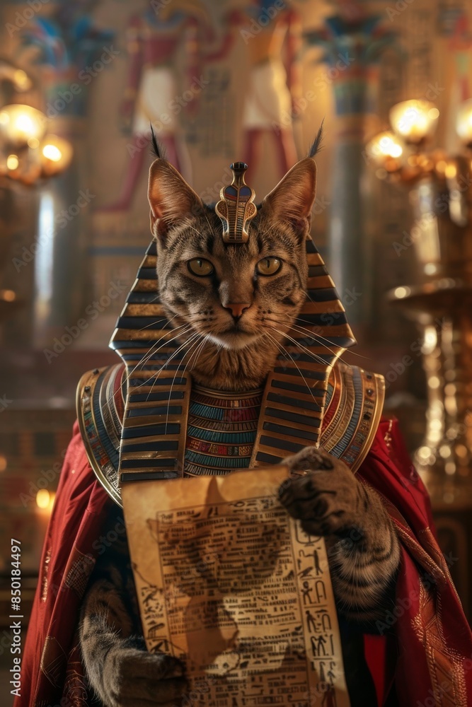 A cat is dressed in an Egyptian costume and holding a book A cat is dressed in an Egyptian costume and holding a book