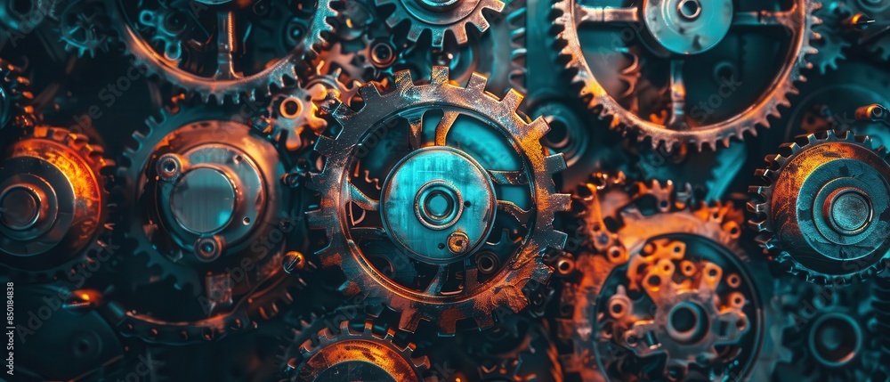 Close-up shot of intricate gears and mechanical parts in industrial machinery with a vintage, steampunk aesthetic. Close-up shot of intricate gears and mechanical parts in industrial machinery with a vintage, steampunk aesthetic.
