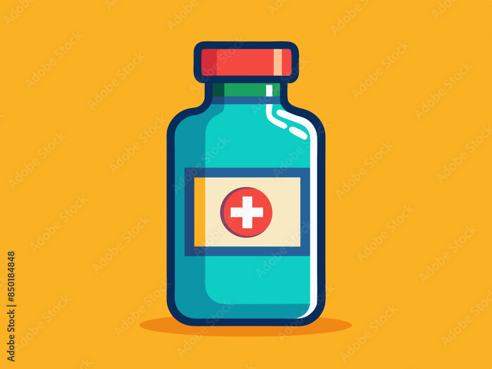 Single medical bottle with cross symbol on a yellow background, healthcare concept. Medicine bottle, ideal for healthcare and pharmacy themes. Simple medical container illustration for medical designs Single medical bottle with cross symbol on a yellow background, healthcare concept. Medicine bottle, ideal for healthcare and pharmacy themes. Simple medical container illustration for medical designs