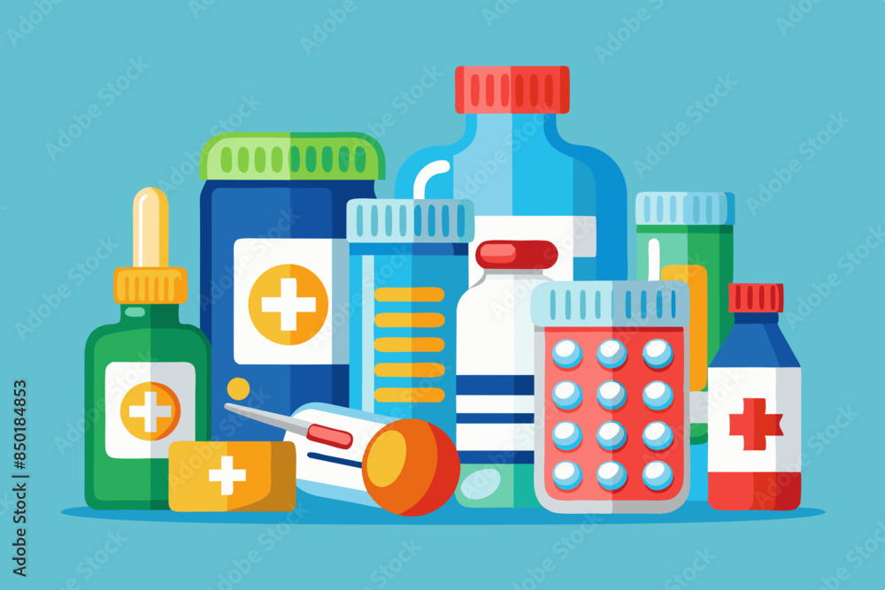 Assorted medical bottles and containers on a blue background, medicine and healthcare. Various healthcare products and medicines, perfect for pharmacy illustrations. Assorted medical bottles and containers on a blue background, medicine and healthcare. Various healthcare products and medicines, perfect for pharmacy illustrations.