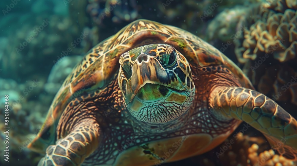 Fototapeta premium A beautiful sea turtle glides gracefully through the vibrant coral reef, its flippers paddling effortlessly as it explores the underwater world.