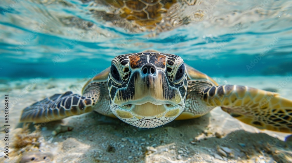 Obraz premium A beautiful sea turtle swims in the ocean. The turtle is green and has a yellow belly. The turtle is looking at the camera.