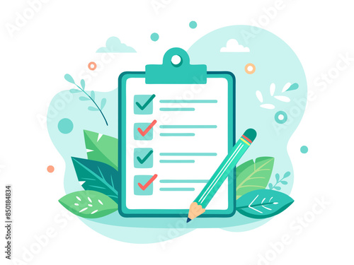 Detailed setup of a clipboard with gears and magnifying glass. Flat design of a business evaluation concept with to do list. Creative workspace illustration with check list, gears, and tools on white
