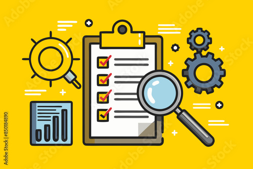 Detailed setup of a clipboard with gears and magnifying glass. Flat design of a business evaluation concept with to do list. Creative workspace illustration with check list, gears, and tools