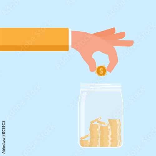 A businessman's hand puts coins in a jar with a pile of money inside. The growing process of saving money. New start of investment. financial business investment concept.  Flat vector.