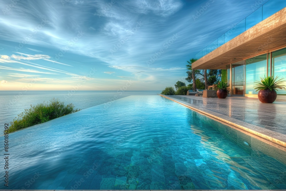 Fototapeta premium A serene scene of a swimming pool overlooking the vast expanse of the ocean, perfect for relaxation or inspiration