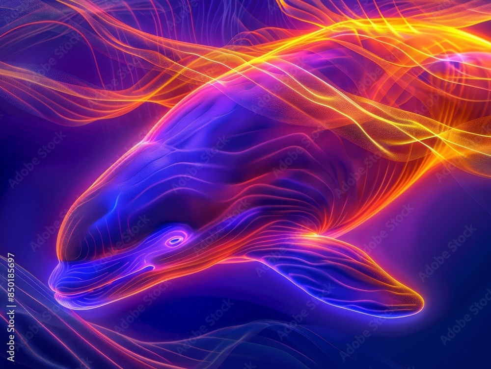 Fototapeta premium A colorful whale with a blue body and orange tail