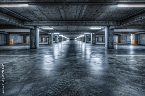 Abandoned parking lot with concrete floor and no cars in sight