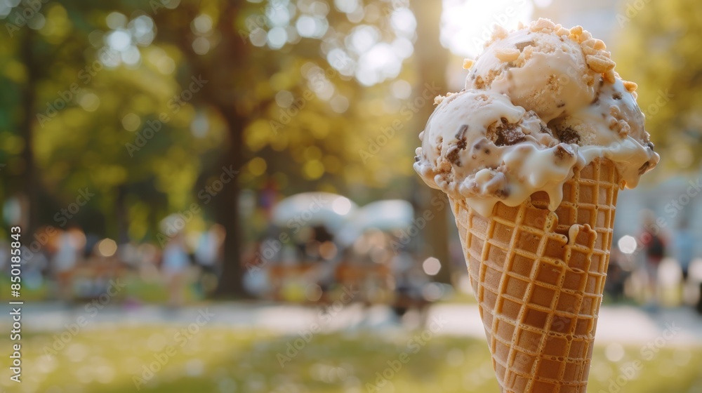 Double Scoop Ice Cream Cone on a Sunny Summer Day blurry background of a park Double Scoop Ice Cream Cone on a Sunny Summer Day blurry background of a park