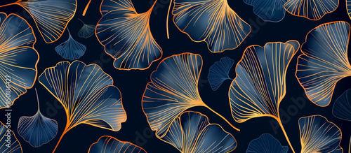 ginkgo leaf pattern and golden line art on blue minimalism texture background