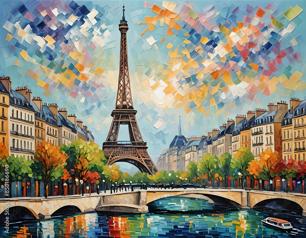 Obraz premium Impressionist painting of Paris: the Eiffel Tower with the Seine