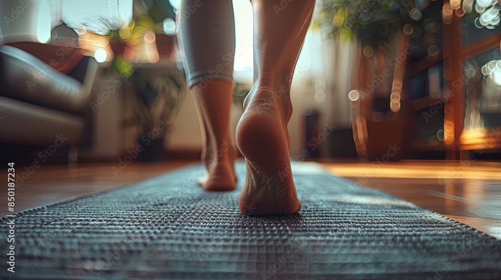 Detailed imagery showcasing bare feet walking on a rug within a comfortably lit living environment Detailed imagery showcasing bare feet walking on a rug within a comfortably lit living environment