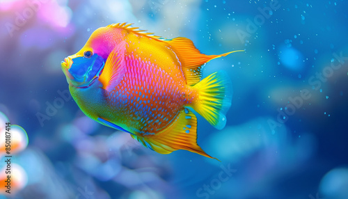 A vibrant tropical fish in a colorful coral reef, glowing with radiant hues, capturing the enchanting beauty of underwater life