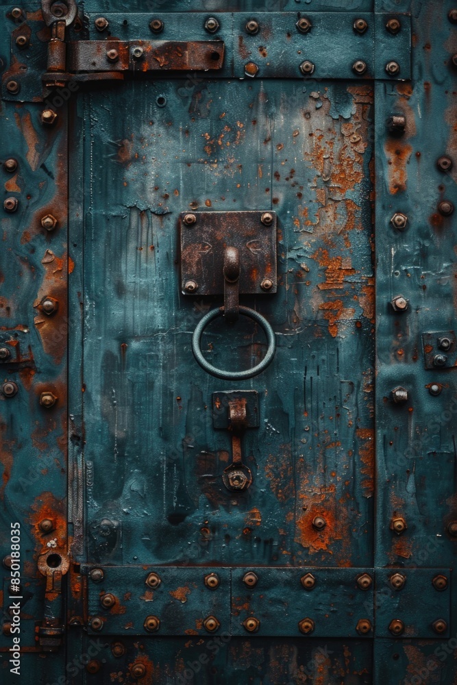 A close-up shot of a rusty metal door with a ring on it, suitable for use in various settings such as horror or sci-fi scenes A close-up shot of a rusty metal door with a ring on it, suitable for use in various settings such as horror or sci-fi scenes