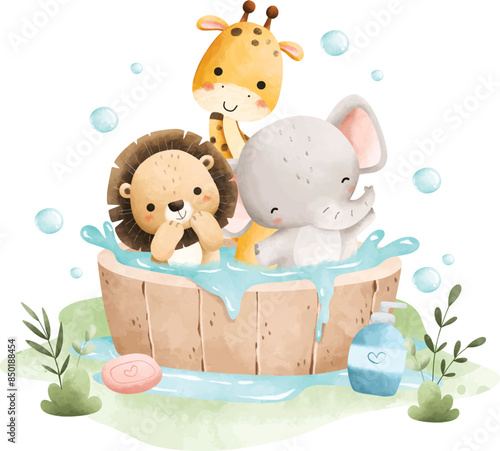 Watercolor Illuatration Cute Baby Safari Animals Take Bath