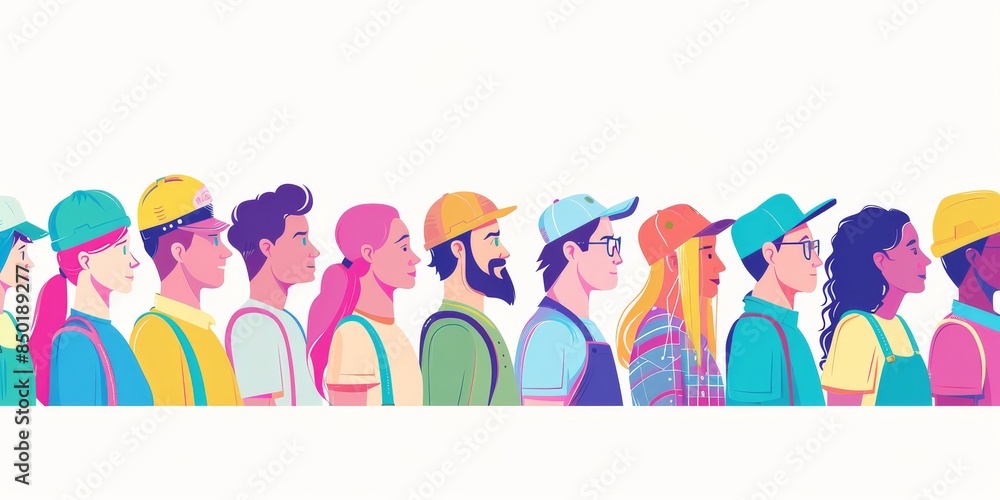Fototapeta premium A group of people are lined up in a row, with some wearing hats and backpacks