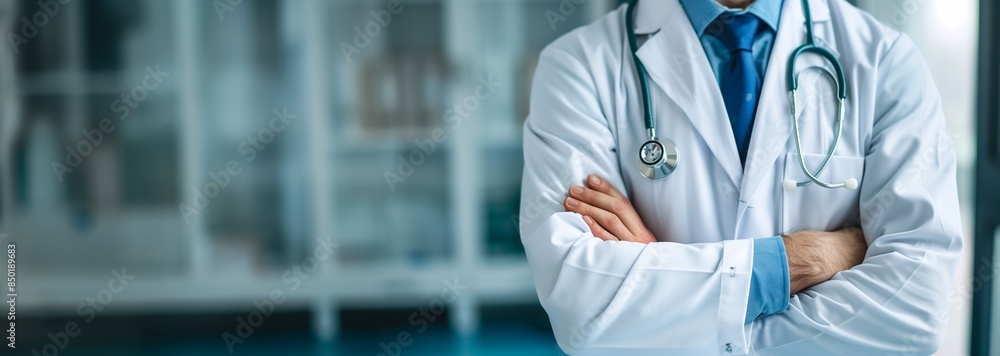 Steadfast Resolve: Male Doctor's Chest Against the Hospital's Medical background, a Testament to Professionalism and Leadership, Healing and Expertise, banner with copy space Steadfast Resolve: Male Doctor's Chest Against the Hospital's Medical background, a Testament to Professionalism and Leadership, Healing and Expertise, banner with copy space