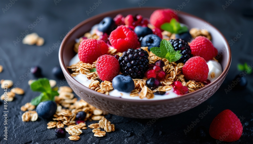 Healthy breakfast. Fresh granola, muesli with yogurt and berries on marble background
Healthy breakfast. Fresh granola, muesli with yogurt and berries on marble background