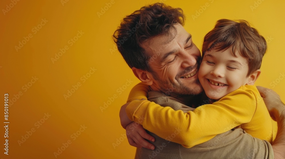 A warm moment of affection between a grown man and a young child, set against a bright yellow background A warm moment of affection between a grown man and a young child, set against a bright yellow background