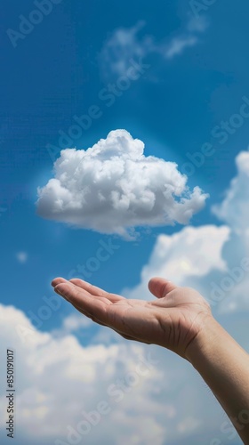 A hand is holding a cloud in the sky