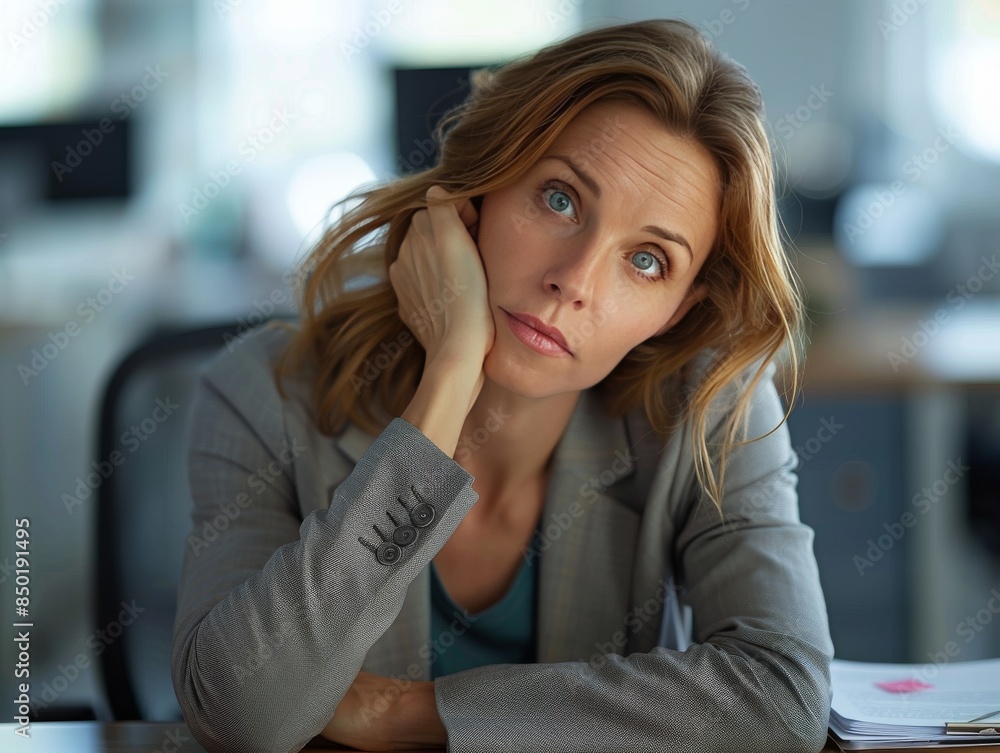 A woman in a gray jacket is sitting at a desk with her head on her hand A woman in a gray jacket is sitting at a desk with her head on her hand
