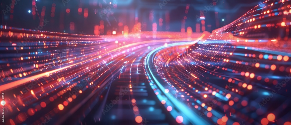 Fototapeta premium Abstract futuristic background featuring vibrant neon lights and dynamic motion, representing high-speed technology and innovation.