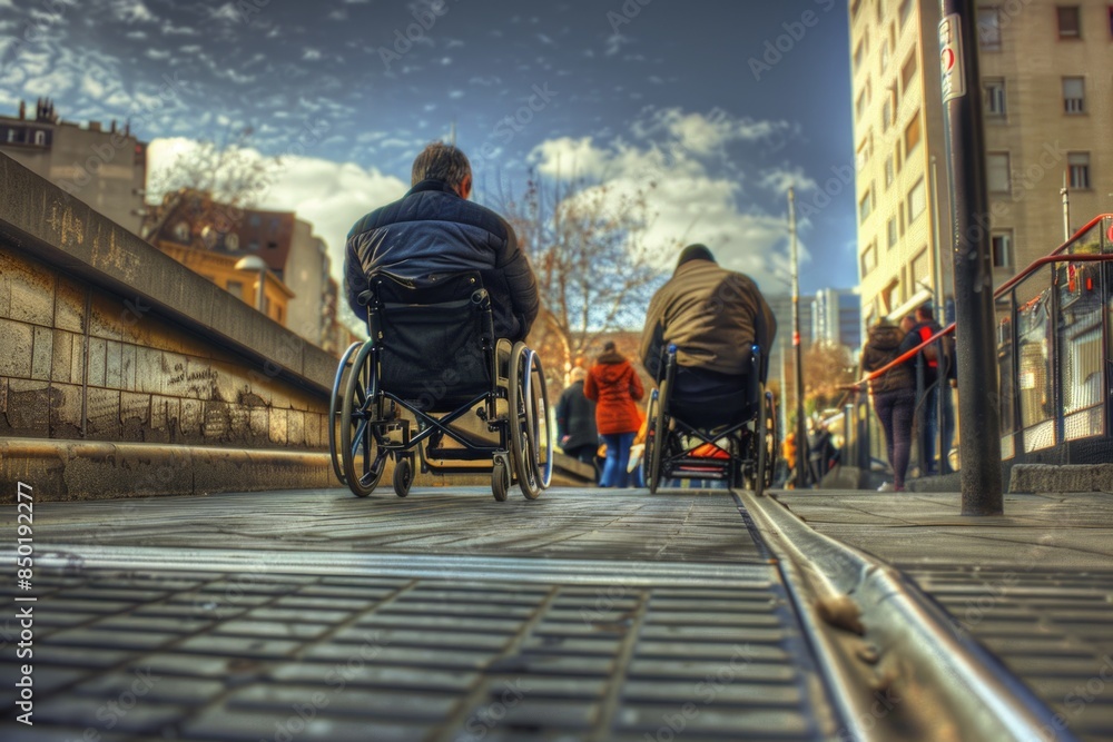 Obraz premium Two individuals with mobility impairments navigating through a urban setting