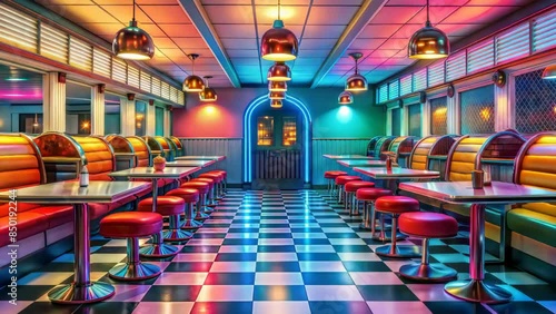 a retro-style diner, bathed in neon lights, offering a nostalgic glimpse into the 1950s American culture