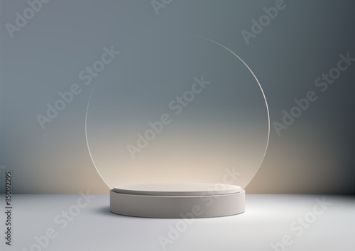 3D white podium stand with circle glass backdrop is perfect for modern interior concept product display mockups