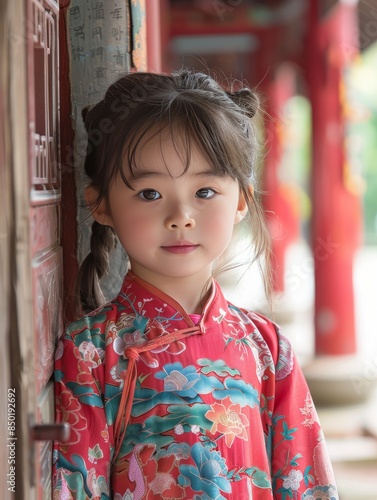 A young girl in a red and blue Chinese dress stands in front of a red door