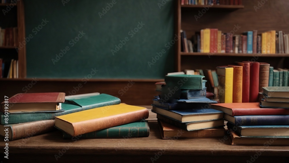 Education and reading concept - group of colorful books on the wooden table in the classroom, blackboard background Education and reading concept - group of colorful books on the wooden table in the classroom, blackboard background