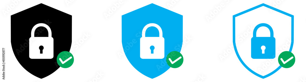 Shield lock check mark icon or security shield protection icon with padlock tick symbol Shield lock check mark icon or security shield protection icon with padlock tick symbol